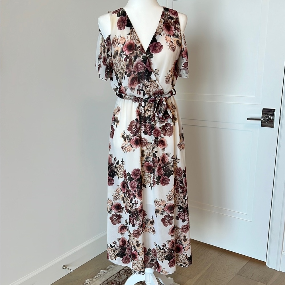 Womens Floral Dress, cap sleeves sit off the shoulder.